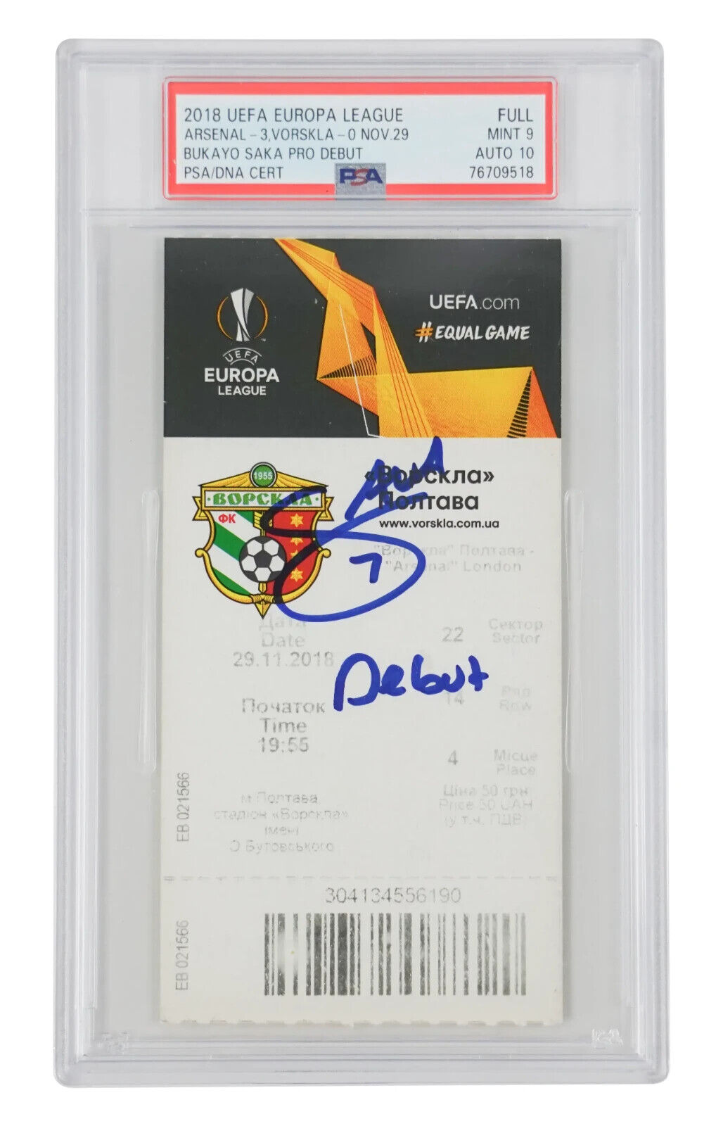 Bukayo Saka Signed 2018 Professional Debut Match Ticket Inscribed Debut – PSA 9